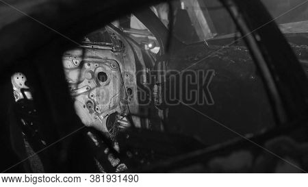 Car Accident. View Of The Interior Of The Damaged Car In The Mirror. High Quality Photo