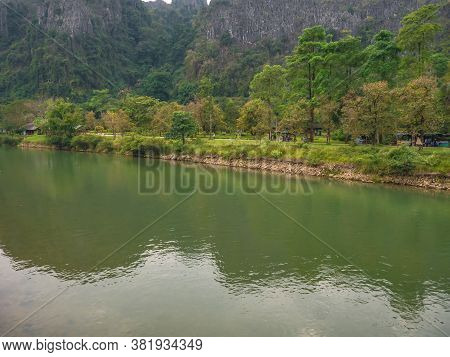 Beautiful View Of Nam Song River With Mountain View At Vangvieng City Lao.vangvieng City The Famous 