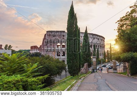 The Colloseum In Rome, View From The Oppian Hill Park, Italy
