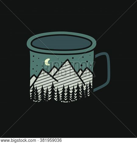 Camping Badge Illustration Design. Outdoor Logo With Camp Mug, For T Shirt. Included Retro Mountains