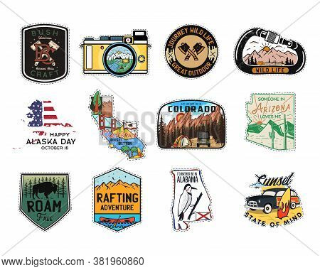 Vintage Camp Patches Logos, Mountain Badges Set. Hand Drawn Stickers Designs Bundle. Travel Expediti