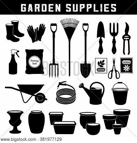 Garden Supplies, Do It Yourself Tools And Supplies For Backyard Gardening, Black Silhouette Icons Is