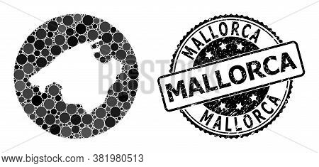 Vector Mosaic Mallorca Map Of Round Dots, And Gray Scratched Stamp. Subtraction Round Mallorca Map C