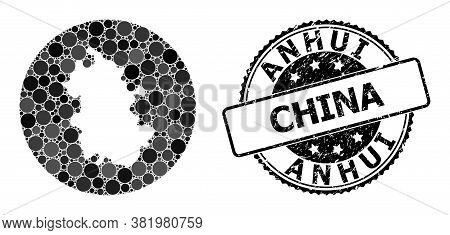 Vector Mosaic Map Of Anhui Province With Round Spots, And Grey Scratched Seal Stamp. Stencil Round M