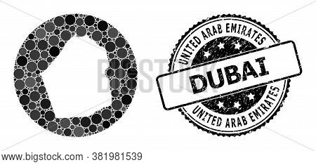 Vector Mosaic Map Of Dubai Emirate Of Round Dots, And Gray Grunge Seal. Subtraction Round Map Of Dub