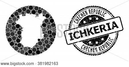 Vector Mosaic Map Of Ichkeria With Spheric Items, And Grey Rubber Seal Stamp. Subtraction Round Map 