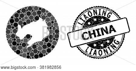 Vector Mosaic Map Of Liaoning Province Of Circle Elements, And Grey Rubber Seal. Subtraction Round M