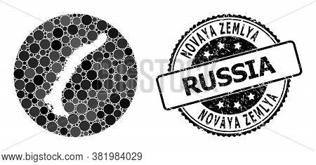 Vector Mosaic Map Of Novaya Zemlya Islands With Round Items, And Grey Watermark Stamp. Hole Round Ma