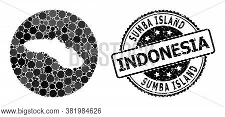 Vector Mosaic Map Of Sumba Island Of Round Spots, And Grey Scratched Seal Stamp. Stencil Round Map O
