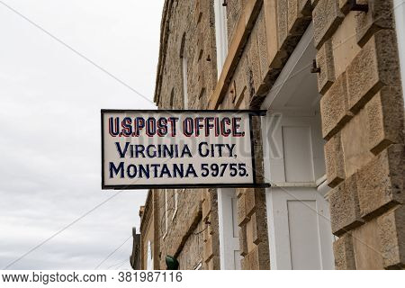 Virginia City, Montana - June 29. 2020: Sign For Virginia City Post Office 59755, In The Mining Town