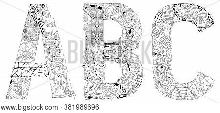 Letters A, B, C Zentangle. Vector Decorative Object For Coloring