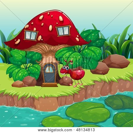 Illustrazione di una formica vicino la casa fungo rossa