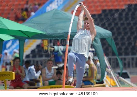 DONETSK, UKRAINE - JULY 12: Luka Jereb of Slovenia competes in Pole Vault during 8th IAAF World Youth Championships in Donetsk, Ukraine on July 12, 2013