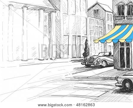 Retro stad schets, stedelijke architectuur, street en auto 's