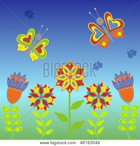 Hintergrund mit Blumen und Schmetterlingen