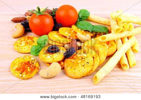 Mediterrean Snack, Pizza Crackers, Dried Olives, Nuts, Tomatoes