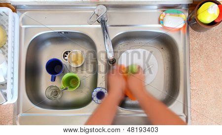 Washing-up Bowl Person Cleaning The Kitchen Sink