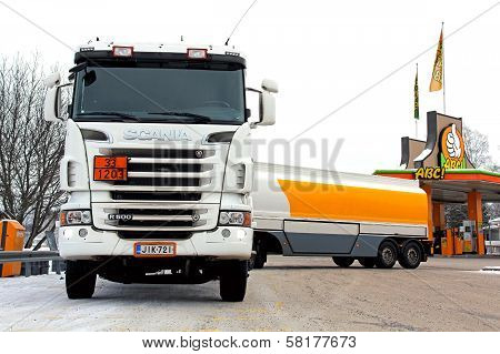Scania R500 Tanker Truck Unloading Fuel At Petrol Station