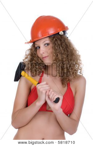 Beautiful girl in orange helmet and yellow hummer