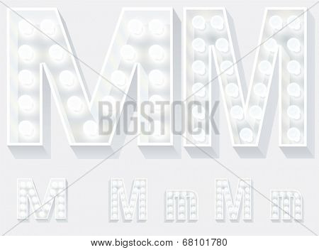 Vector illustration of unusual white lamp alphabet for light board. Letter m
