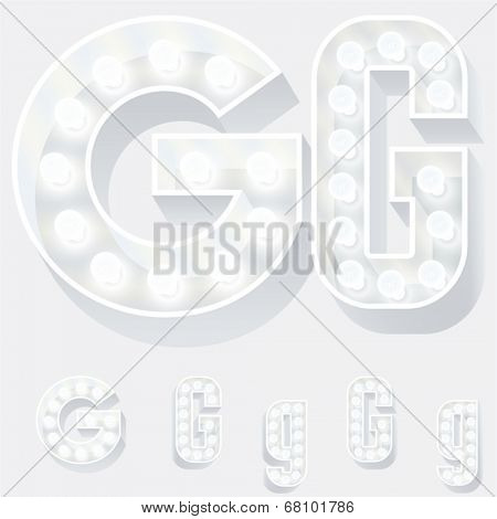 Vector illustration of unusual white lamp alphabet for light board. Letter g