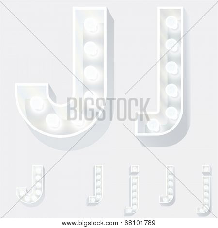 Vector illustration of unusual white lamp alphabet for light board. Letter j