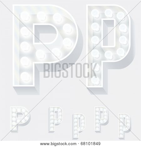 Vector illustration of unusual white lamp alphabet for light board. Letter p