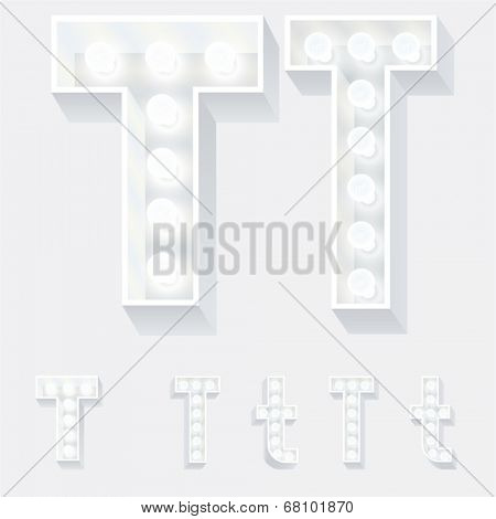 Vector illustration of unusual white lamp alphabet for light board. Letter t