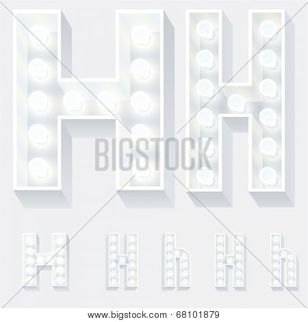 Vector illustration of unusual white lamp alphabet for light board. Letter h