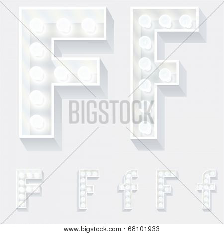 Vector illustration of unusual white lamp alphabet for light board. Letter f