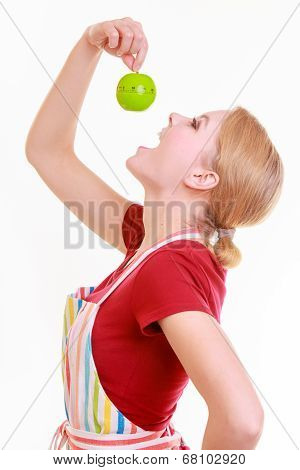 Funny Housewife In Kitchen Apron Trying To Eat Apple Timer Isolated