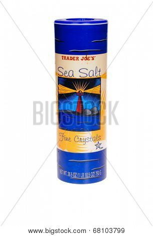 HAYWARD, CA - July 8, 2014: 26.5 oz container of Trader Joe's Sea Salt fine crystals a mediterranean sea salt distributed by Trader Joes', a privately held chain of specialty foods stores