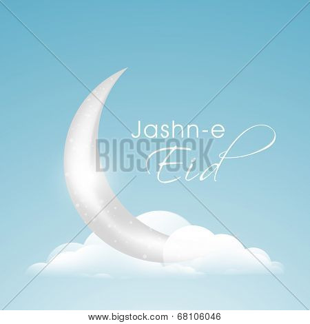 Beautiful greeting card design with shiny crescent moon in sky for Jashn-e-Eid celebrations. 
