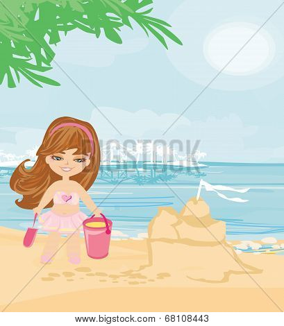 Little Girl At Tropical Beach Making Sand Castle
