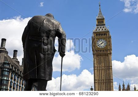 Sir Winston Churchill Statue And Big Ben In London