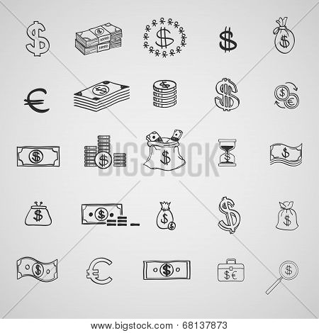 Money icons set doodle sketch hand draw. Finanse investment business credit bank elements