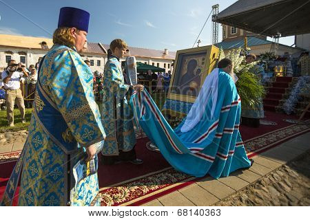 TIKHVIN, RUSSIA - JUL 9, 2014: Bishop Tikhvin and Lodeinopolskiy Mstislav celebrate Orthodox divine Liturgy on occasion celebrations of 10th anniversary of return of the Tikhvin icon of Mother of God.