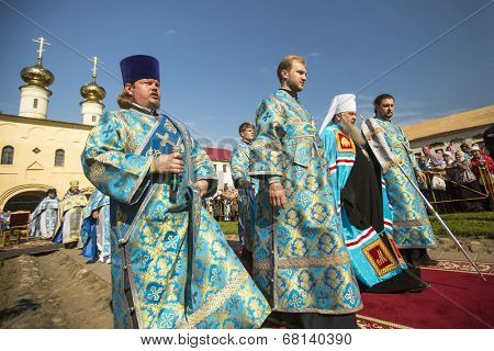 TIKHVIN, RUSSIA - JUL 9, 2014: Bishop Tikhvin and Lodeinopolskiy Mstislav celebrate Orthodox divine Liturgy on occasion celebrations of 10th anniversary of return of the Tikhvin icon of Mother of God.
