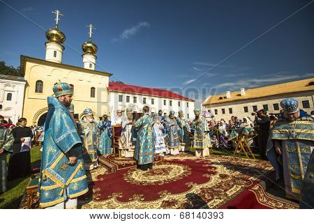 TIKHVIN, RUSSIA - JUL 9, 2014: Bishop Tikhvin and Lodeinopolskiy Mstislav celebrate Orthodox divine Liturgy on occasion celebrations of 10th anniversary of return of the Tikhvin icon of Mother of God.