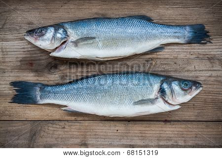 Two Raw Seabass Fish On Wooden Background