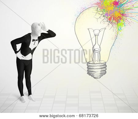 3d human character is body suit morphsuit looking at abstract colorful lightbulb