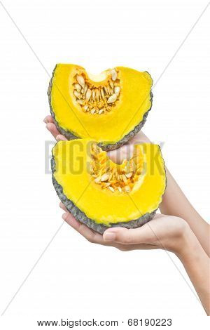 Pumpkin In Hand Isolated On White Background.