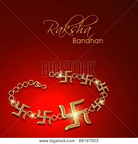 Beautiful rakhi made by golden Swastik on red background, Raksha Bandhan greeting card design.