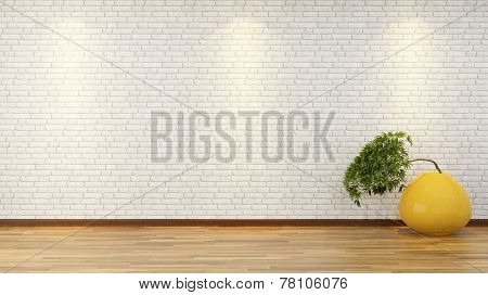 White Brick Wall With Bonsai In Vase