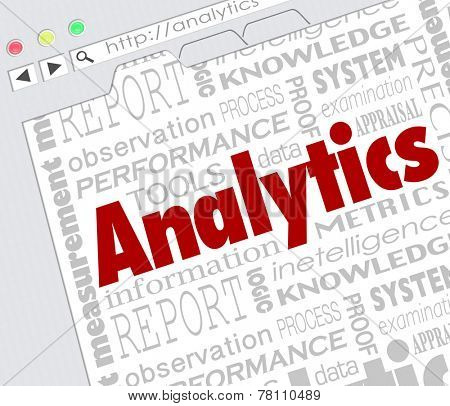 Analytics word on an internet website screen to illustrate resources or tools to measure metrics of success for an advertising or other business campaign or project