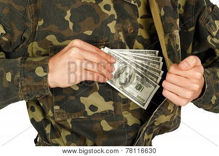 Man In Military Uniforms Pulls Money Out Of His Jacket