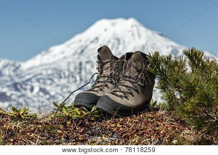 Trekking Boots On Background Volcano
