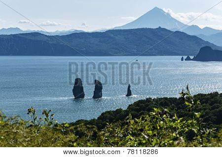 Nature Of Kamchatka - View Of The Bay, Rocks And Volcano