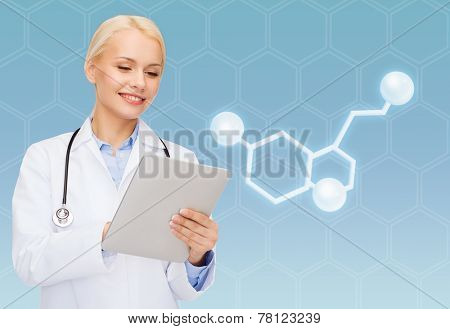 healthcare, medicine and technology concept - smiling female doctor with tablet pc computer and molecule of serotonin over blue background