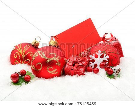 Red Christmas Decoration On Snow With Wishes Card